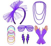 FACATH Collares de neón de los años 80, pulseras, guantes de red, diadema de lazo de encaje, aretes de neón, accesorios de disfraces de los años 80