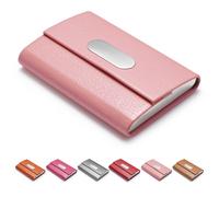 FACATH Tarjetero de visita piel sintética y acero inoxidable, tarjetero de nombre de empresa, cartera para tarjetas crédito, bolsillo metal, portatarjetas de visita con cierre magnético, color rosa