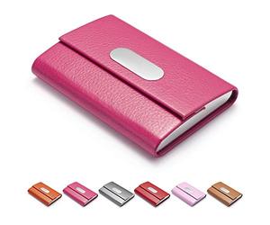 FACATH Tarjetero de visita piel sintética y acero inoxidable, tarjetero de nombre de empresa, cartera para tarjetas crédito, bolsillo metal, portatarjetas de visita con cierre magnético, color rosa