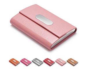 FACATH Tarjetero de visita piel sintética y acero inoxidable, tarjetero de nombre de empresa, cartera para tarjetas crédito, bolsillo metal, portatarjetas de visita con cierre magnético, color rosa