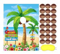 Faccito Juego de fiesta temática hawaiana Pin el coco en la palmera Hawaii Tropical Pin Game Hawaiian Luau Party Supplies con 24 calcomanías de coco para verano hawaiano playa cumpleaños Tiki Pool