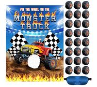Faccito Póster grande de Truck Games Pin the Wheels on the Monster Truck con 24 calcomanías de ruedas y juego con los ojos vendados Monster Truck Pin Game para niños decoraciones de cumpleaños Monster