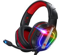 Fachixy FC200 Cascos Gaming para PS5, PS4, PC, Xbox One, Switch, Auriculares Gaming Cancelación de Ruido, Cascos con Microfono Estéreo Sonido, Cascos para PS5 con 3.5mm Jack con Luz RGB (Rojo)