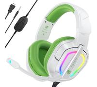 Fachixy FC200 Cascos Gaming para PS5, PS4, PC, Xbox One, Switch, Auriculares Gaming Cancelación de Ruido, Cascos con Microfono Estéreo Sonido, Cascos para PS5 con 3.5mm Jack con Luz RGB (Blanco-Verde)