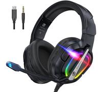 Fachixy FC200 Cascos Gaming para PS5, PS4, PC, Xbox One, Switch, Auriculares Gaming Cancelación de Ruido, Cascos con Microfono Estéreo Sonido, Cascos para PS5 con 3.5mm Jack con Luz RGB (PIEDRA Negra)