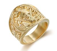 Fachoice Anillo Masónico Retro Oro para Hombres Clásico Símbolo Masónico Banda Elegante Vintage Mason Brújula Joyería, Acero inoxidable, Sin piedras preciosas