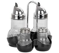 Fackelmann 46970 Set Dispensador Multiusos 5 pzas, Dispensador de Líquido, Azucarero y Salero, Dispensador de Aceite, Transparente y Plateado Cromado, 13x15x14cm, 4 uds