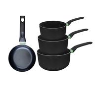 Fackelmann 9430050 - Juego de 1 sartén de 16 cm y 3 cacerolas de 16, 18 y 20 cm, revestimiento cerámico antiadherente, sin PFAS, todo fuego, inducción, horno, aluminio, negro, verde, 16, 18 y 20 cm