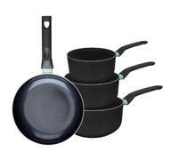 Fackelmann 9430250 - Juego de 1 sartén de 24 cm y 3 cacerolas de 16, 18 y 20 cm, revestimiento cerámico antiadherente, sin PFAS, todo fuego, inducción, horno, aluminio, negro, verde, 16, 18 y 20 cm