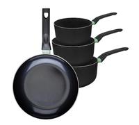 Fackelmann 9430350 - Juego de 1 sartén de 28 cm y 3 cacerolas de 16, 18 y 20 cm, revestimiento cerámico antiadherente, sin PFAS, todo fuego, inducción, horno, aluminio, negro, verde, 16, 18 y 20 cm