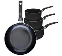 Fackelmann 9430450 - Juego de 1 sartén de 30 cm y 3 cacerolas de 16, 18 y 20 cm, revestimiento cerámico antiadherente, sin PFAS, todo fuego, inducción, horno, aluminio, negro, verde, 16, 18 y 20 cm