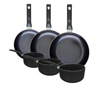 Fackelmann 9431050 - Juego de 3 sartenes de 20 24 y 28 cm y 3 sartenes 16 18 y 20 cm, revestimiento cerámico antiadherente sin PFAS, todo fuego, inducción, horno, aluminio, negro, verde, 16, 18 y 20