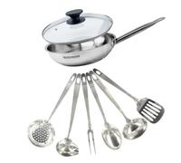 Fackelmann 9440150 - Juego de sartén (28 cm, acero inoxidable, 18/8, tapa de cristal y 6 utensilios de acero inoxidable, sartén para todo fuego, cocina de inducción, sartén sin PFAS, mango remachado
