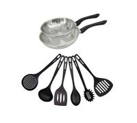 Fackelmann 9442250 - Juego de 2 sartenes (20 y 24 cm, acero inoxidable, 18/8 y 6 utensilios RPET, sartén para hornear, estufa de inducción, sartén sin PFAS, acero inoxidable 18/8, RPET, 20 y 24 cm)