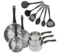 Fackelmann 9444850 - Juego de 3 sartenes (20 24 28 cm, 3 sartenes 12 16 20 cm, acero inoxidable, 18/8, 6 utensilios, sartén para todo fuego, cocina de inducción, sartén sin PFAS, cacerola de fuego