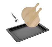 Fackelmann 9938350 - Juego para pizza (1 bandeja para hornear, 2 tablas de pizza y 1 rueda de pizza, tabla de pizza, bandeja de horno, rueda de pizza, acero inoxidable, madera, 42 x 29 x 2,5 cm)
