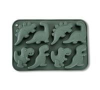 Fackelmann Cubitera de silicona para cubitos de hielo, flexible y estable, para cubitos de hielo en bonitos diseños de dinosaurio, color verde grisáceo, reutilizable y apto para lavavajillas, 19 x 13