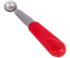 Fackelmann Descorazonador de tomates y fresas para quitar el tallo, bolero frutas en acero inoxidable y mango de ABS con diseño de fresa, apto para lavavajillas, color inox y rojo, 12x2,5cm