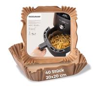 Fackelmann Papel de horno para freidora de aire caliente, 20 x 20 cm, cuadrado, 40 piezas, resistente al aceite y al agua, resistente al calor hasta 220 C, apto para microondas y horno