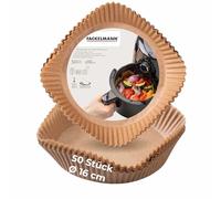 Fackelmann Papel de horno redondo para freidora de aire caliente, 16 cm, con revestimiento resistente al aceite y al agua, 50 unidades, ideal para alimentos grasos y pastas