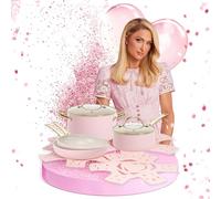 FACKELMANN Paris Hilton - Batería de cocina de 10 piezas - Aluminio y cerámica antiadherente, apta para inducción, apto para lavavajillas, color rosa, crema y dorado