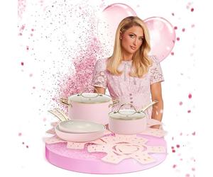 FACKELMANN Paris Hilton - Batería de cocina de 10 piezas - Aluminio y cerámica antiadherente, apta para inducción, apto para lavavajillas, color rosa, crema y dorado