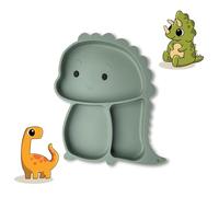 Fackelmann Plato con ventosa - Plato infantil de silicona, diseño de dinosaurio en gris-verde, resistente al calor hasta +230 °C, apto para lavavajillas y microondas, resistente a ácidos de alimentos