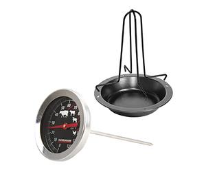 Fackelmann Set de Utensilios para Barbacoa, Incluye 1 Soporte Especial para Asar Pollo de 19 cm y 1 Termómetro de Cocina Profesional para Asados, 14 cm