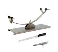 Fackelmann Set Jamonero Basculante Acero Inoxidable, 50x18 cm, Base Estable para Jamones Grandes, incluye Cuchillo Jamonero 23/34 cm y Pinzas para Jamón Acero Inoxidable 11 cm