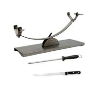 Fackelmann Set Soporte Jamonero Fijo Acero Inoxidable, 49x34 cm, Especial Jamones Grandes, Incluye Cuchillo Jamonero 24/36 cm