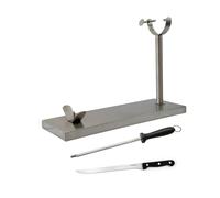 Fackelmann Set Soporte Jamonero Fijo Acero Inoxidable, 49x34 cm, Especial Jamones Grandes, Incluye Cuchillo Jamonero 34/34 cm y Chaira