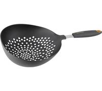 Fackelmann Soft Colador con Mango, Escurridor de Alimentos, Adecuado para Pasta, Fruta y Verdura, Mango Ergonómico de Tacto Suave, Color Gris y Naranja, 36 cm, 1 ud.