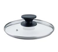 Fackelmann Tapa Universal de Vidrio 20 cm con Borde Acero Inoxidable 18/10, Válvula de Vapor, Resistente al Calor, Apta Lavavajillas