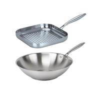 Fackelmann Vita3 Set de Sartenes, incluye Wok 28 cm y Grill 28 cm, Acero Inoxidable Triply sin Antiadherente, Libre de PFA, Aptas para Inducción y todo tipo de Cocinas, Aptas para Lavavajillas