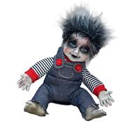 FackLOxc Figura de muñeca aterradora con cara iluminada y efecto de sonido aterrador, muñeca sentada aterradora
