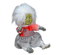 FackLOxc Figura de muñeca aterradora con cara iluminada y efecto de sonido aterrador, muñeca sentada aterradora