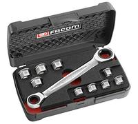 FACOM Juego de Llaves Combinadas de 11 Piezas, Llave Extraplana con 9 Anillos Reductores, Trinquete Compacto y Reversible, Ángulo de Recuperación 5°, Caja de Plástico, 464.J1APB