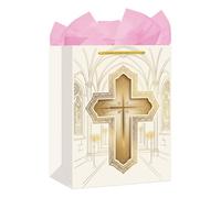 FaCraft Bolsa de regalo religiosa con papel de seda, bolsa de regalo de bautizo con cruz dorada para niños, niñas, bebés, mujeres y hombres, bolsas cristianas católicas con asa para primera comunión