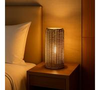 FactorLED Lámpara de Mesa Pantalla de Mimbre, (Max. 40W), Estilo Natural Nórdico, Luz Decorativa sobremesa de noche, para habitaciones o escritorios (HAMAR)