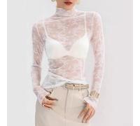 FACULX Blusa transparente de malla de encaje para mujer, cuello alto | Camisa delgada de tul transparente, capa base para primavera, verano, moda, elegante, ropa de oficina, casual, diario