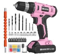 FADAKWALT Taladro Percutor a Bateria 20V, Taladro Atornillador Kit de 60 Piezas, 21+1 Ajustes de Par, 30 Nm, Batería 2000mAh, 2 Velocidades, LED, Para bricolaje y reparaciones domésticas (Rosa)