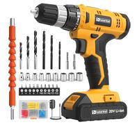 FADAKWALT Taladro Percutor a Bateria 20V, Taladro Atornillador Kit de 60 Piezas, 21+1 Ajustes de Par, 30 Nm, Batería 2000mAh, 2 Velocidades, LED, Para bricolaje y reparaciones domésticas (Amarillo)