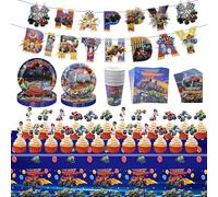FAELNK Monster Truck Partygeschirr Set Pappteller Kindergeburtstag Monster Truck Geburtstag Deko Monster Party Pappteller Becher Tischdecke Servietten Einladungskarte Banner Kuchenkuletts 10 Gäste