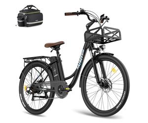 Fafrees Bicicleta Eléctrica F26 Lasting, Bici Urbana de 250 W para Mujer, Batería Extraíble de 36 V/20,3 Ah, Cesta Delantera, Bici Eléctrica de 26 Pulgadas para Adultos, Alcance 160 KM (Negro)