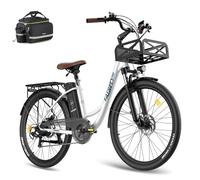 Fafrees Bicicleta Eléctrica F26 Lasting, Bici Urbana de 250W para Mujer, Batería Extraíble de 36 V/20,3 Ah, Cesta Delantera, Bici Eléctrica de 26 Pulgadas para Adultos, Alcance 160 KM (Blanco)
