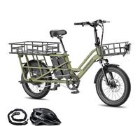 Fafrees Bicicleta Eléctrica FF20 CUV Longtail de 20" x 3,0", Bici de Carga Eléctrica de 250 W y 25 km/h, E-Bike con Batería de 15 Ah*2, Alcance 120-170 km (Verde, Asiento Infantil)