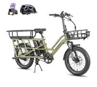 Fafrees Bicicleta Eléctrica Longtail FF20 CUV, 2 x Baterías de 12 Ah Bici de Carga Eléctrica 250W para Adultos, Capacidad de 200 kg, Alance 100-140 KM (Cesta Delantera + Silla Infantil, Verde)