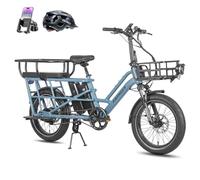 Fafrees Bicicleta Eléctrica Longtail FF20 CUV, 2 x Baterías de 12 Ah Bici de Carga Eléctrica 250W para Adultos, Capacidad de 200 kg, Alance 100-140 KM (Cesta Delantera + Silla Infantil, Azul)