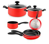 Fagor Maxima Batería Cocina Inducción 8 Piezas Set 2 Cazuelas 20-24 cm, 2 Tapas Cristal, 3 Sartenes 20-24-28 cm, Cazo 16 cm Alumninio Forjado, Antiadherente sin PFOA, Apta Todas Las Cocinas, Rojo