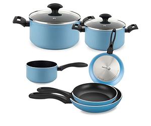 Fagor Maxima Batería Cocina Inducción 8 Piezas Set 2 Cazuelas 20-24 cm, 2 Tapas Cristal, 3 Sartenes 20-24-28 cm, Cazo 16 cm Alumninio Forjado, Antiadherente sin PFOA, Apta Todas Las Cocinas, Azul